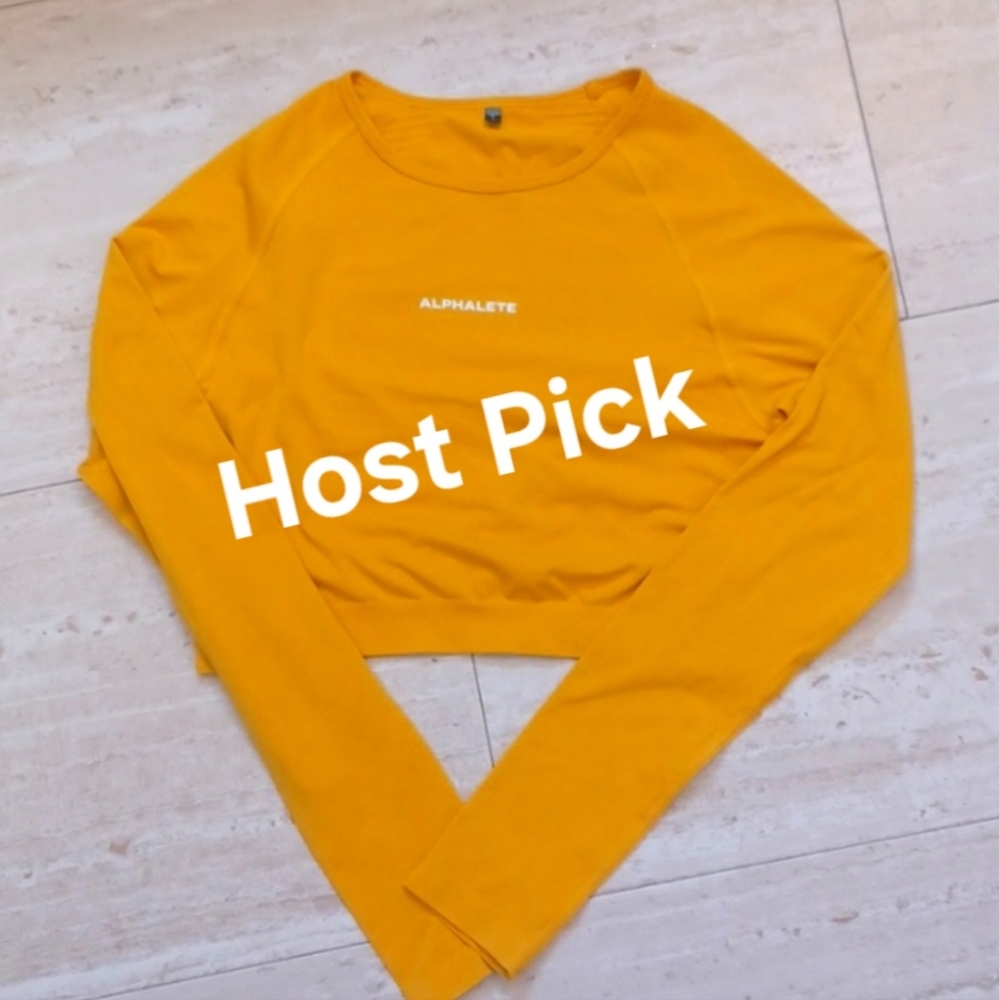 Alphalete Althetics Stylish Amplify  Mustard Yellow Long Sleeve Workout Crop Top